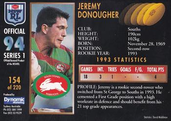 1994 Dynamic Rugby League Series 1 #154 Jeremy Donougher Back